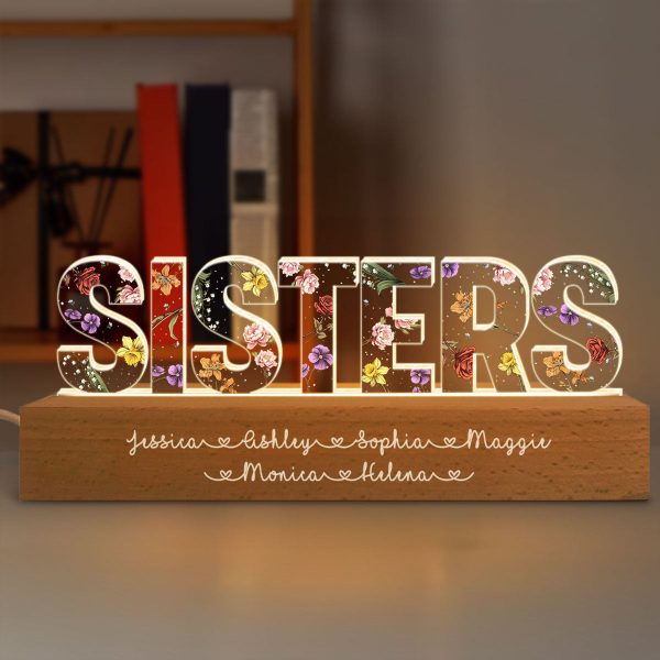 Sisters Birth Month Flower Personalized Acrylic LED Night Light, Birthday Christmas Gift For Sisters