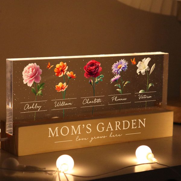 Mom’s Garden 3D Effect Birth Month Flower Personalized Acrylic Block LED Night Light