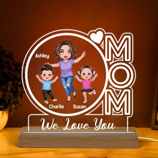 MOM We Love You Happy Woman & Kids Personalized Custom Shape Acrylic Plaque With Warm LED Night Light