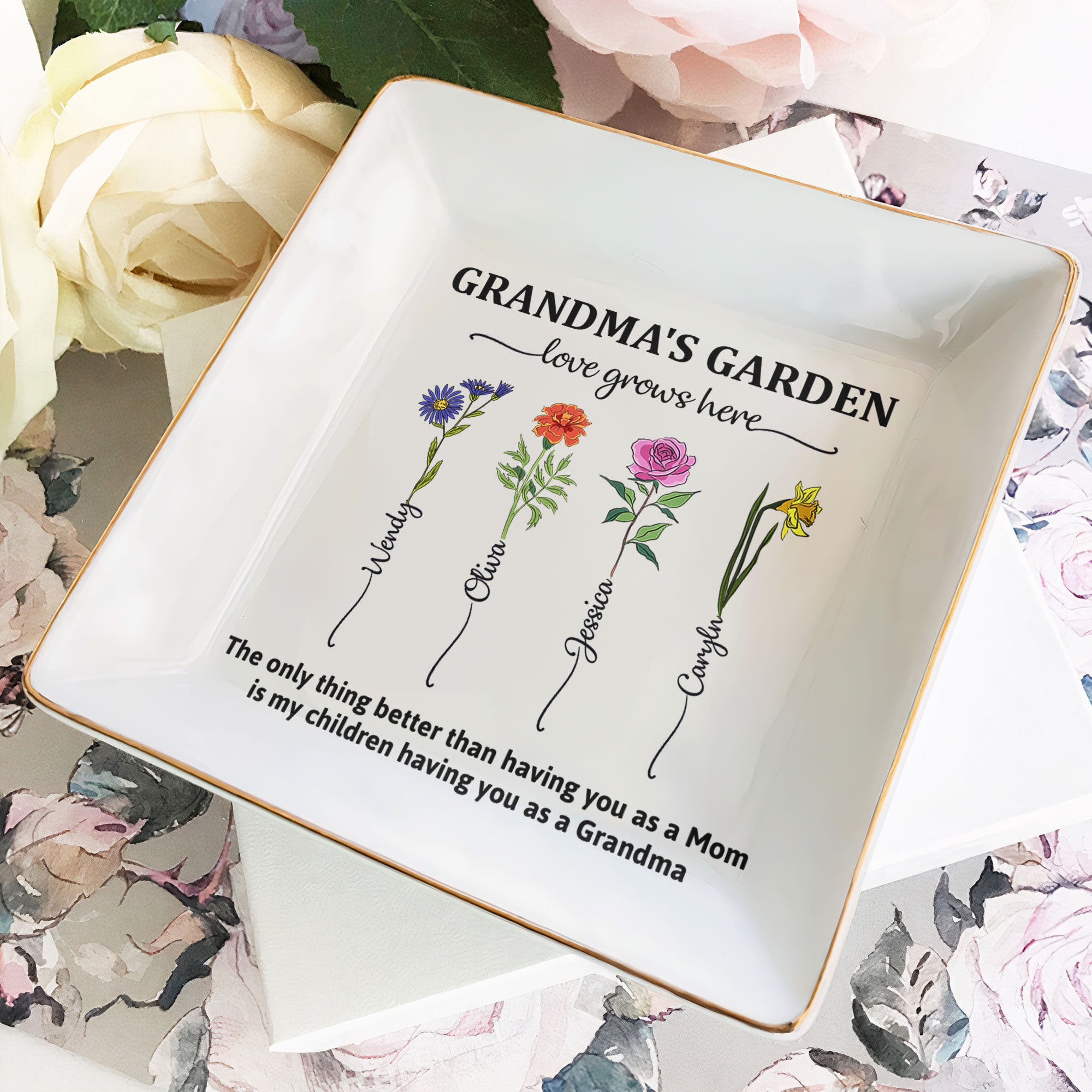Grandma’s Garden Having You As Grandmother – Custom Birth Flower – Personalized Jewelry Dish