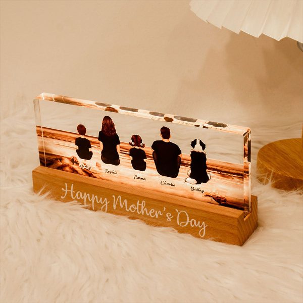 Family Sitting Back View Retro Vintage Beach Landscape Acrylic LED Night Light, Mother’s Day Gift for Mom, Gift for Grandma, Gift for Wife